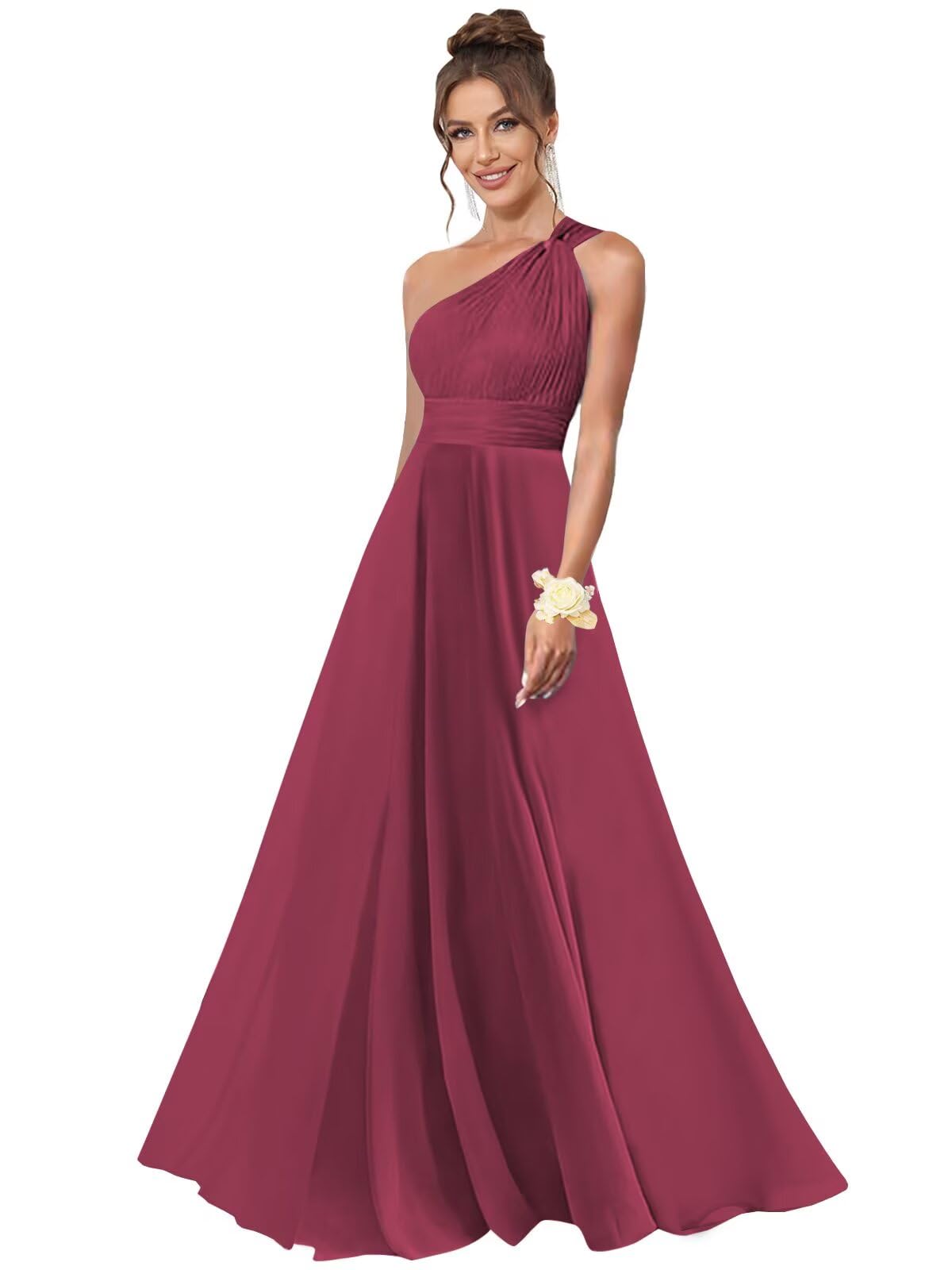 Aootumi One Shoulder Bridesmaid Dresses for Wedding Chiffon A Line Pleated Long Formal Prom Dress with Pockets