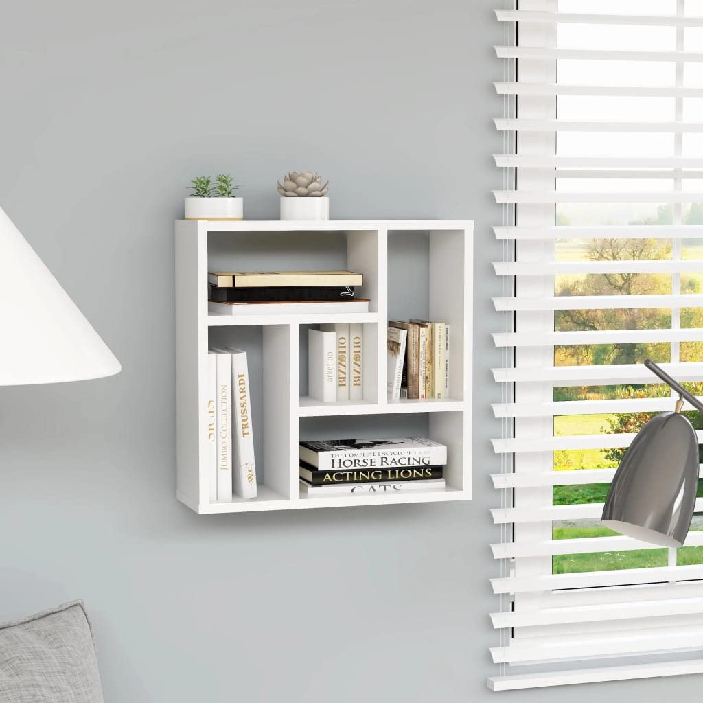 Estantería flotante blanca de 45,1 x 16 x 45,1 cm, de madera, 5 compartimentos, 40 kg, diseño moderno y duradero, para salón, pasillo, dormitorio