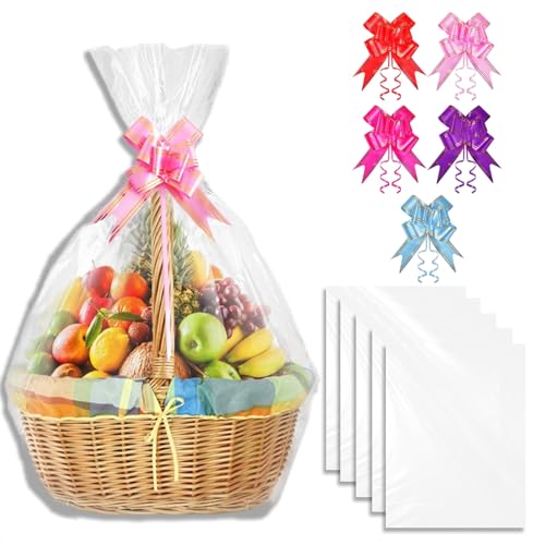 Geschenkfolie Transparent, 10er Set Mit 5 Cellophantüten Groß 60x90 Cm Und 5 Farbigen Schleifen, Durchsichtiges Geschenkpapier Für Hochzeiten, Babyfeiern Und DIY-Projekte