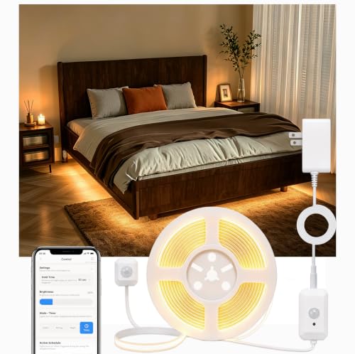 Ameistor Smart Plug-in Dual Motion Sensor COB LED Strip Light for Under Bed Under Cabinet Hallway Closet 19.6ft APP Control 3000K Warm White