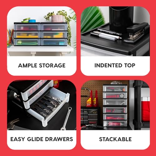 Image of IRIS USA 3-Drawer Medium Plastic Stacking Desktop Organizer, Black | Keep dorm desks organized with drawers for school supplies, makeup, snacks, chargers and everyday college essentials