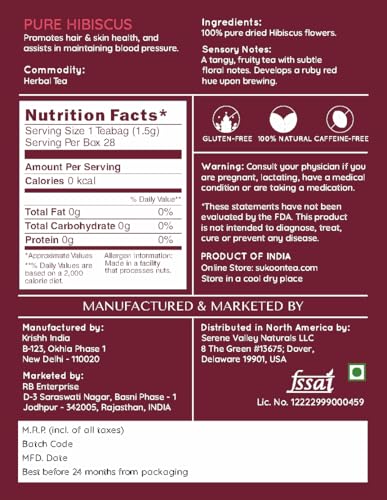 Image of Sukoon, Hibiscus Tea Organic - 100 Tea Bags (2g each) - Sweet & Tart - Contains only Dried Hibiscus Flowers loose leaf - flor de jamaica organica natural, herbal tea in plastic free tea bags