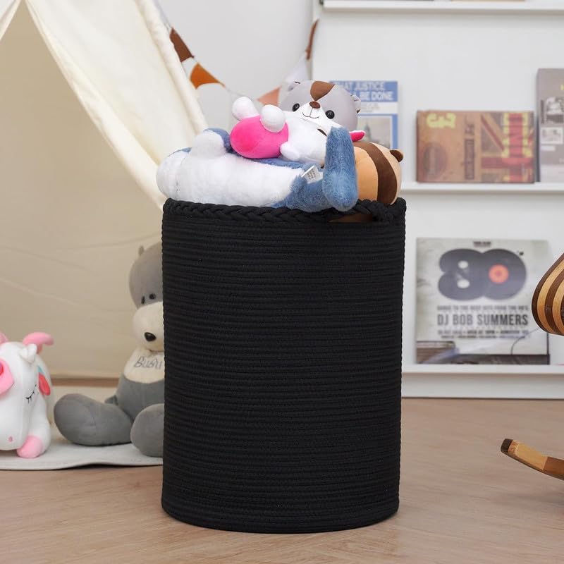 Image of Storage Rope Laundry Hamper Basket for Clothes, Towels and Blankets in Livingroom, Bedroom, Laundry Room and Basket for Nursery Storage (Size - 15 inch x 15 inch x 18 inch) (Black Zig Zag)
