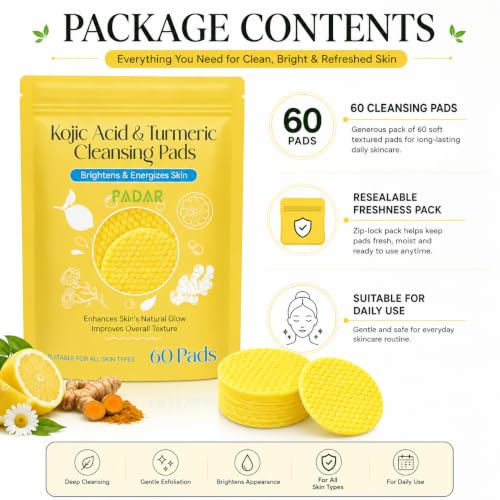 Image of Kojic Acid & Turmeric Cleansing Pads for Face | Exfoliating Facial Pads with Lemon Extract | Helps Brighten Appearance & Remove Dirt, Oil & Makeup | Suitable for All Skin Types | 60 Pads