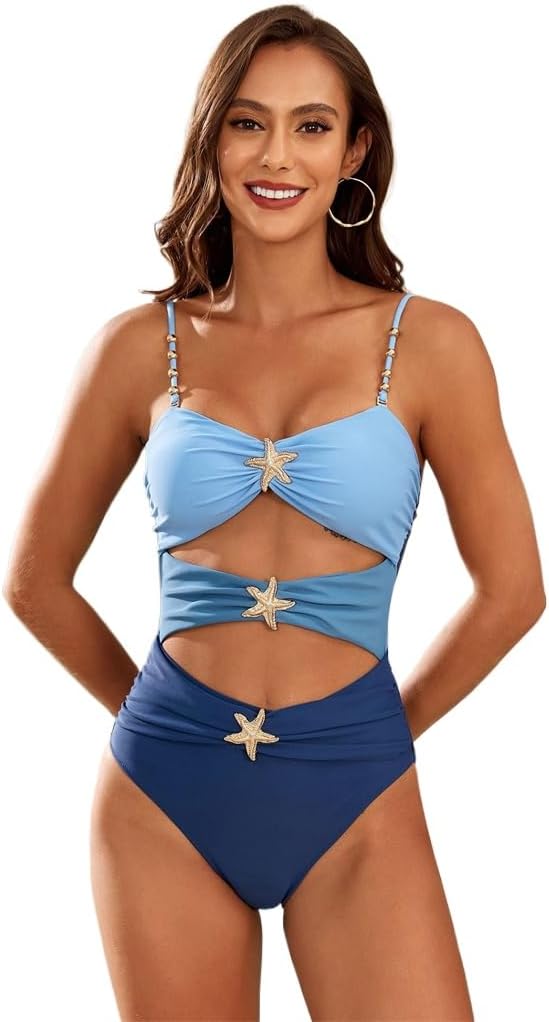 Women's One-Piece Swimsuit, Starfish Accents Monokini, Cut-Out Design Bathing Suit, Adjustable Straps Swimwear PQ2518