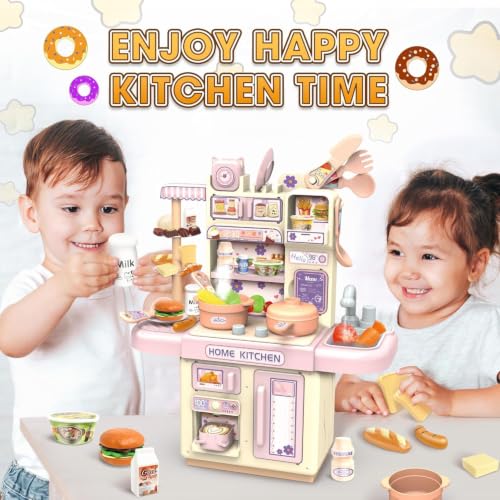 Image of Kids Kitchen Set with Pretend Play Accessories, Water Spray Cooking Effect, Toy Oven, Sink, Storage Shelves & Kitchen Utensils, Role Play Cooking Toy for Boys & Girls (Small Kitchen Set)