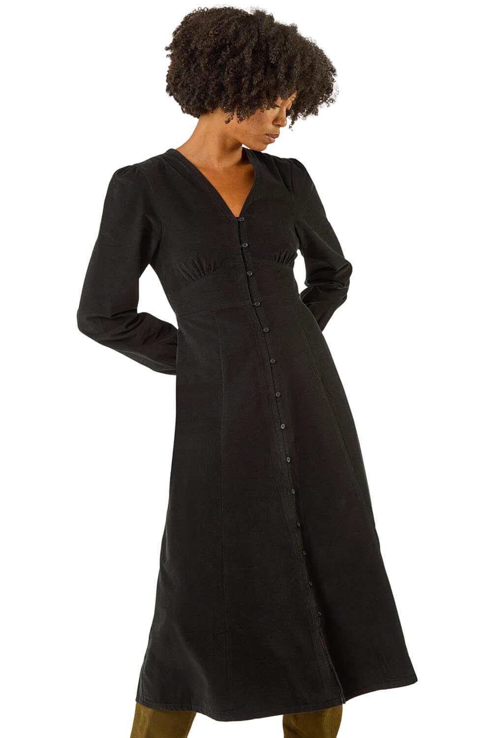 Roman Originals Corduroy Button Through Midi Dress for Women UK - Ladies Everyday Autumn Winter V-Neckline Comfy Soft Evening Vacation Work Party Night Out - Black - Size 16