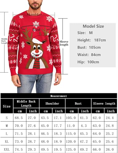 Marvmys Herren Weihnachtspullover Hässlicher Weihnachtspulli Christmas Sweater Schneeflocken Elch Stricken Herrenpullover mit Rundhalsausschnitt und Langen Ärmeln für Herren Weihnachtsparty B-Rot L
