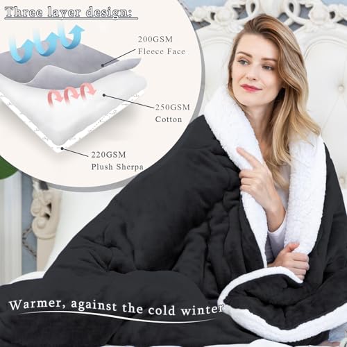 CHOSHOME Sherpa Fleece Blanket- Thick Warm Blanket for Winter, Soft Fuzzy Plush Blanket for Bed, Couch, Travel (Black, Oversized King 96" x 120")