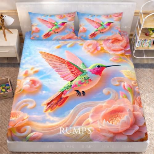 Image of RUMPS 3D Digital Printed Double Bedsheet Flat | Premium Knitted Cotton MicroFabric 90x100 Inch Bed Sheet with 2 Pillow Covers, Cute Cartoon Blue Bird (7D Digital bedheet 06)