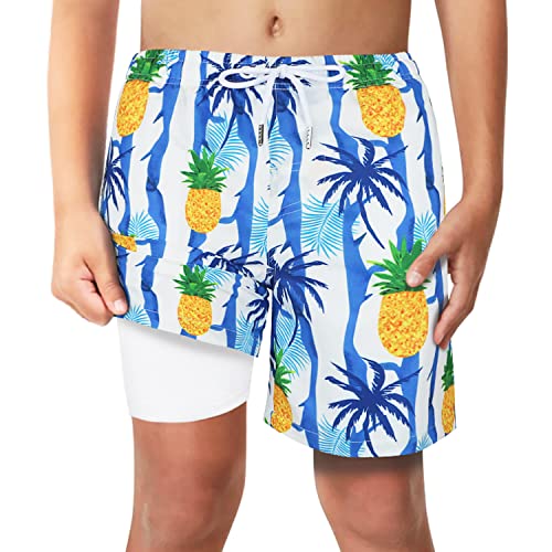 Image of Boys Swim Trunks with Boxer Brief Liner Compression Anti Chafe Swimming Shorts Stretchy UPF Quick Dry Swimsuit