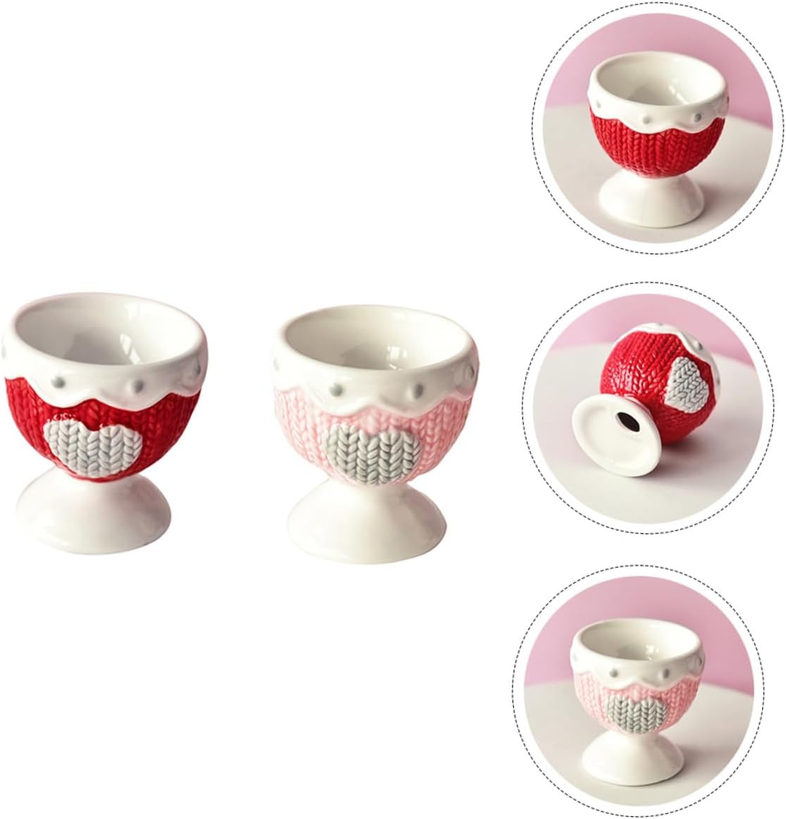 Ciieeo Heart Pattern Ceramic Egg Cups 2pcs Set European-style Porcelain Egg Holders for Breakfast Table Use in Red and Pink