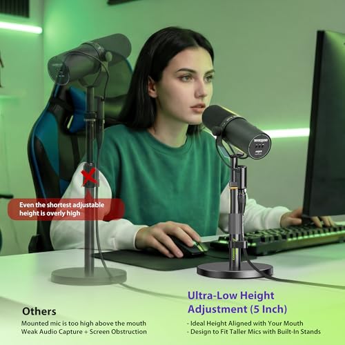 Image of AA AUDIO ACCESSORY Short Mic Stand Desk, Ultra Low 5 Inch Adjustable, 6.6lbs Load Capacity, All-Metal Desktop Microphone Stand Table for Shure SM7B SM7dB MV7+ MV7X MV6, Fifine Yeti Rode PodMic MAONO