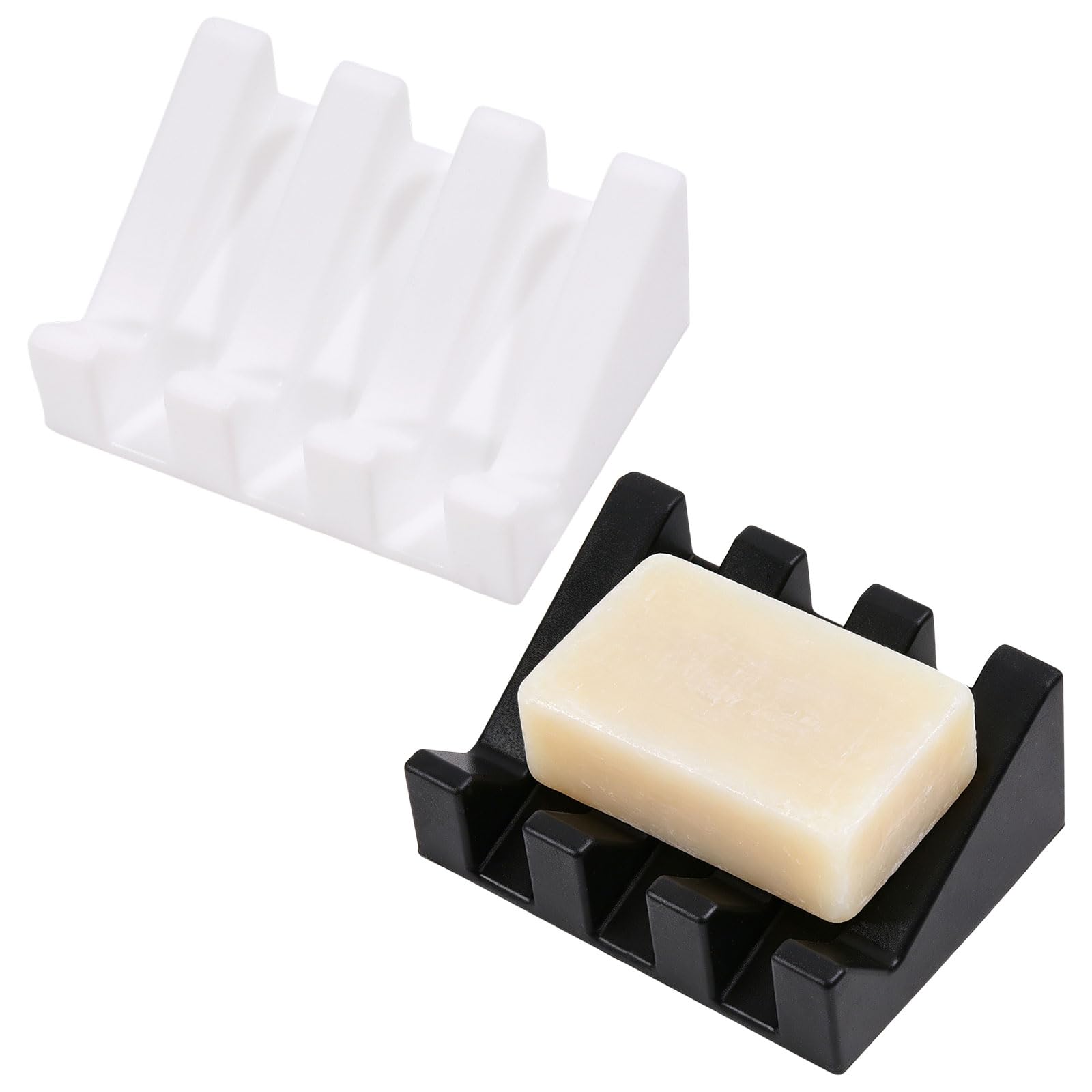 Portasapone autoportante in silicone (2 pezzi, nero e bianco) con fessure di ventilazione per bagno, cucina, doccia, circa 70 x 96 x 40 mm