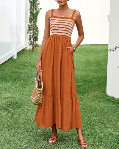 Image of BTFBM Summer Midi Dresses for Women 2025 Spring Sleeveless Square Neck Smocked Flowy Long Beach Vacation Sundress Pocket