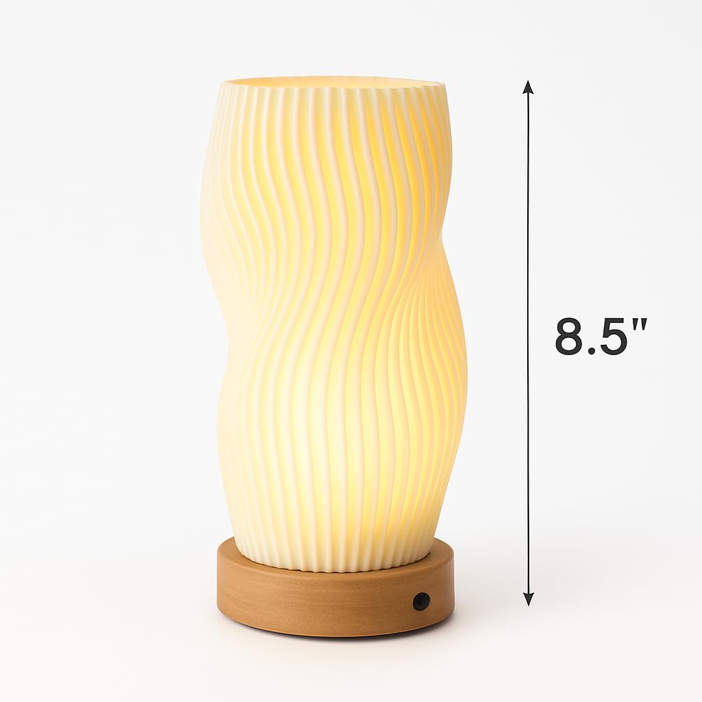 Mini Table Lamp USB Powered, 21.5cm Small Bedside Lamp with Warm Light, Spiral Pleated Shade, Wooden Base - Image 3