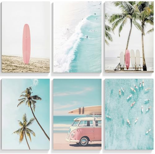 6Pcs Surf Canvas Wall Art Summer Beach Posters Tropical Ocean Coastal Wall Decor Palm Tree Surfboard...