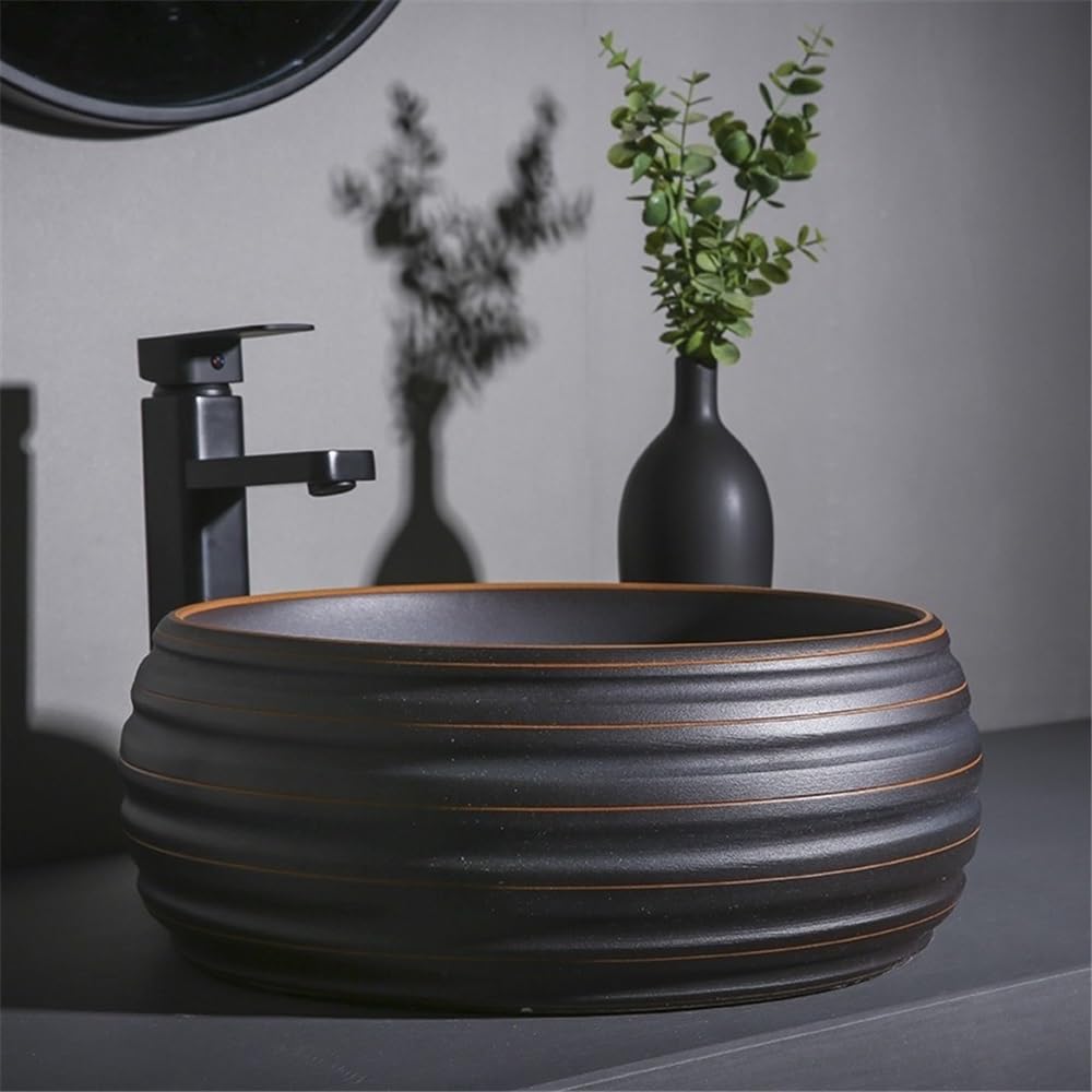 Zlewozmywak naczyniowy Stylowa umywalka nablatowa w stylu industrialnym, matowo pomarańczowo-czarna, ceramiczna łazienkowa