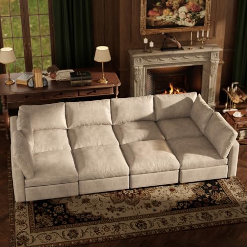 Image of 128'' Faux Leather Modular Sectional Sofa Bed Sleeper with Storage, Oversized Mid Century Modern Leather Sectional Couche for Living Room, 6 Seater Deep Seat Couch with 2 Storage Ottoman, Beige