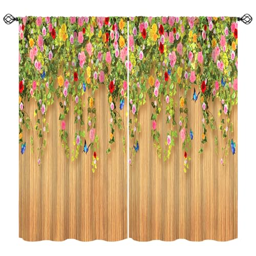 Rose Curtains, Colorful Rose Flower Butterfly Wooden Planks Farmhouse Garden Print Blackout Window Treatments, Rod Pocket Thermal Insulated Drapes 2 Panel Sets for Bedroom Living Room, 72
