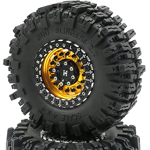 2PCS 2.2 Beadlock Wheels and Tires 124mm Tall Soft Sticky Mud Slingers tyre & Aluminium Rims for 1/10 RC Crawler Truck TRX4 SCX10 Capra Wraith Upgrades,HS700627-2