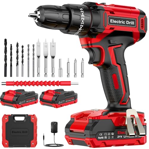 Power Drill Set 21V, Cordless Hammer Drill with 2 Batteries 2.0Ah,42N.m Max, 25+3 Torque, 2 Speed, LED Light, 20pcs Bits Electric Drills for Home