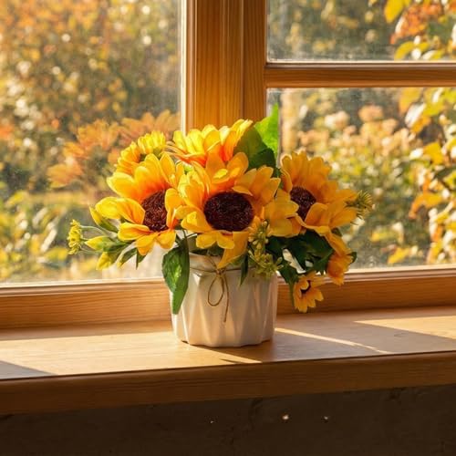 Image of Dekorly Artificial Lavender Plant in White Pot, 18cm - Realistic Faux Flower Arrangement for Home & Office Decor (Set of 1) (1, Sunflower)