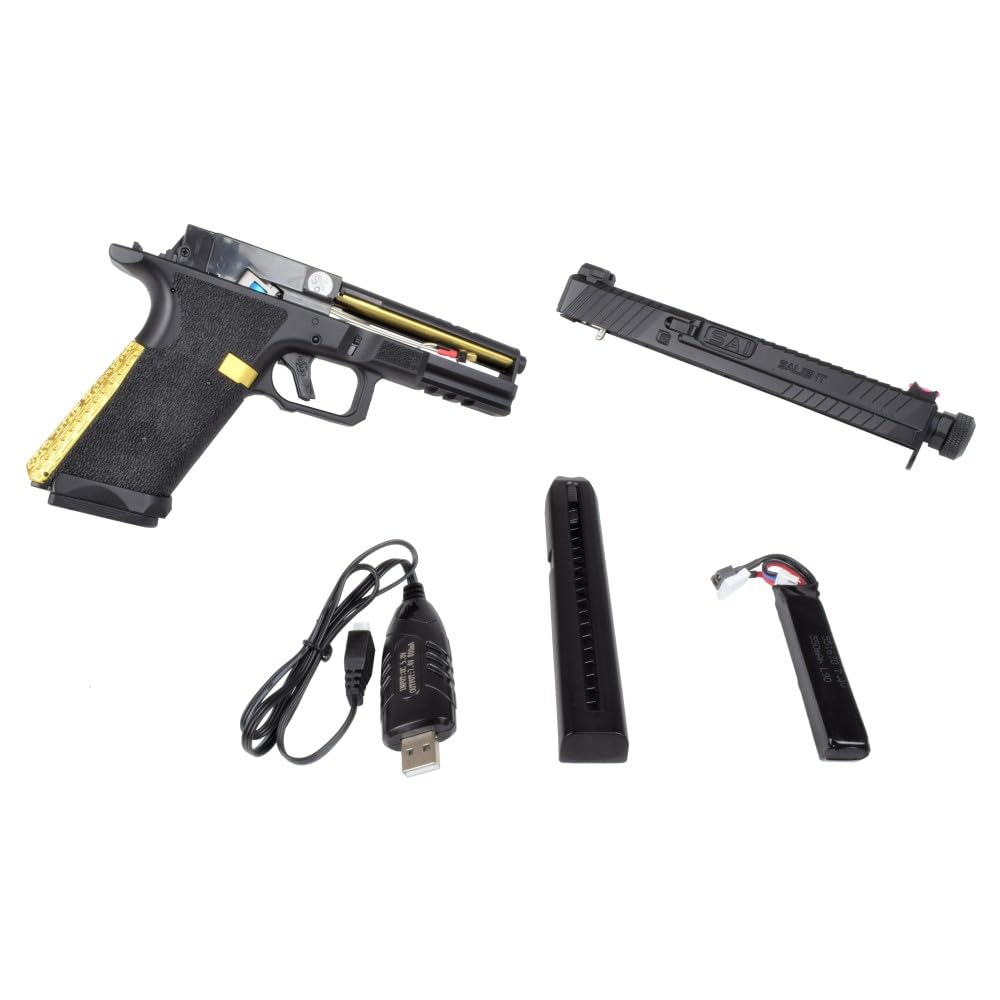 Cyma CM135 SAI Advanced AEP Airsoft Pistole Komplettset Schwarz Gold <0,5 Joule Softair elektrisch inkl. Akku und Ladegerät