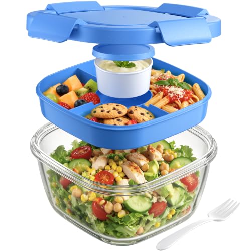 Image of Canfanni Glass Salad Container, 56oz Bowl with Airtight Lids, Tray, Fork