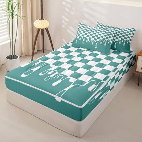 Image of Teal Checkered Full Complete Bedding Set Bed in a Bag,Checkerboard Drip Zipper Comforter Set with Fitted Sheet & Pillowcases Pet Friendly,Y2K Aesthetic Modern Geometric for Kids & Teens Zip Up Blanket