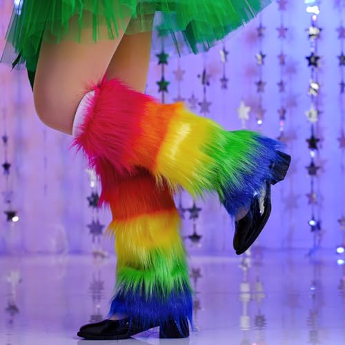 Abien Womens Rave Fur Leg Warmers Rainbow Leg Warmer Faux Fur Boot Sleeves Long Boot Covers Mardi Gras Accessories for St. Patrick's Day Rave (Colorful)2