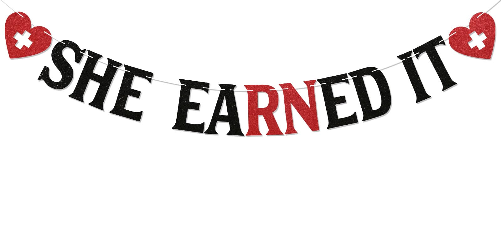 EARNED IT Banner – Congrats RN Girlande, Schwarz & Rot Glitter, 2,2 M
