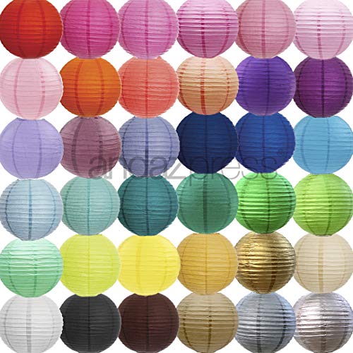 Image of Gold, Baby Blue, White Hanging Paper Lanterns Decorative Kit