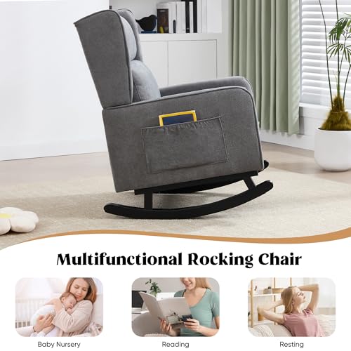 Image of HCHAIRH Nursery Rocking Chairs, Rocking Chair Nursery for Mom Rocker Nursery with High Backrest and Solid Wood Legs, Modern Wingback Accent Chair Set of 2 for Reading Living Room Bedroom, Dark Grey