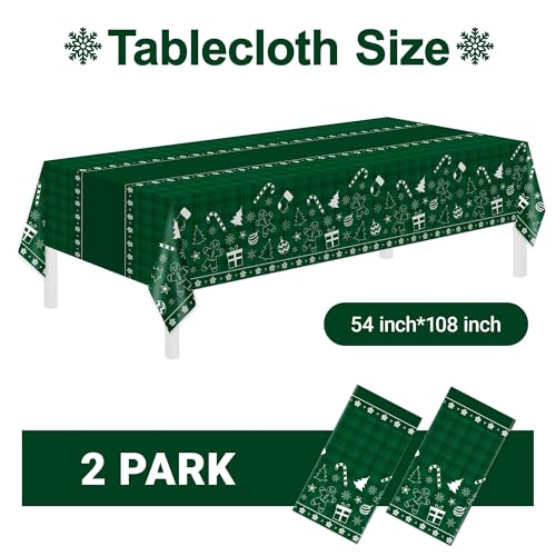 Image of Childom 2 Pack Christmas Tablecloth Disposable,Christmas Decorations,54 x 108 Inch,Plastic Tablecloths for Rectangle Tables,Green Themed Checkered Table Covers for Xmas,Indoor,Outdoor,Birthday,Parties
