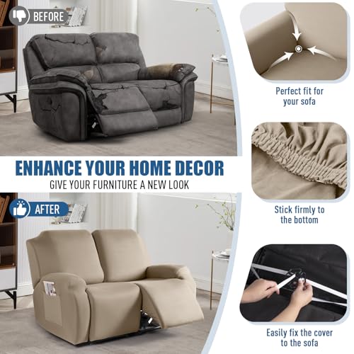 Image of TAOCOCO Recliner Loveseat Covers Stretch Sofa Covers for 2 Seat Large Reclining Couch, 2 Pieces Reclining Loveseat Covers Soft Washable Furniture Protector with Pocket (2 Seater Oversized, Taupe)