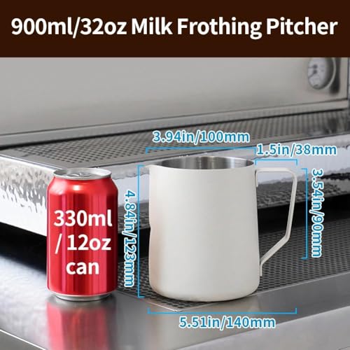 Image of watchget 32oz Milk Frothing Pitcher Stainless Steel Espresso Steaming Jug | Internal Scale, Milk Coffee Cappuccino Latte Art Barista Steam Pitchers,Barista Coffee Bar Accessories, 900ml, Creamy White