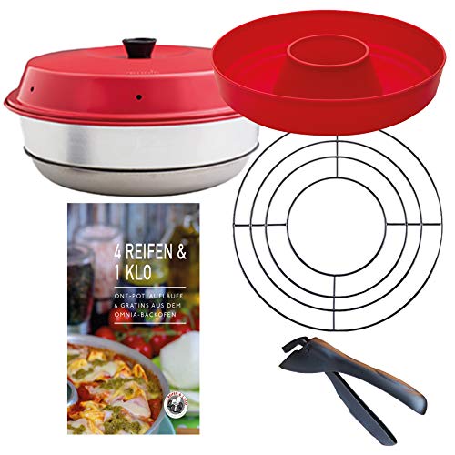 Omnia Backofen 5-teiliges Spar-Set | Backofen + Silikon-Backform 2.0 + One-Pot, Aufläufe & Gratins Kochbuch + Aufbackgitter +