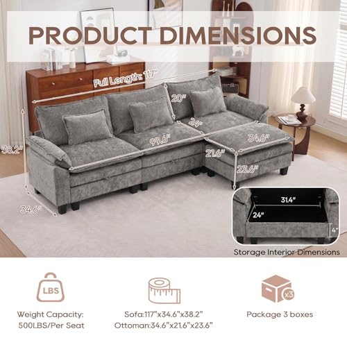 Image of IPKIG 117 inch Modular Cloud Couch with Storage, L Shaped Sectional Sofa with Ottoman & Pillow, Chenille Deep Seat Sectional Couches for Living Room, Apartment, Grey