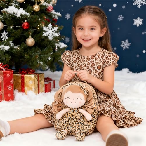 Image of Gloveleya Toddler Backpack Baby Girl Gifts Curly Hair Plush Figures Dress Backpack Kids Backpack Curly Hair Spring Girl - White Leopard 9inches