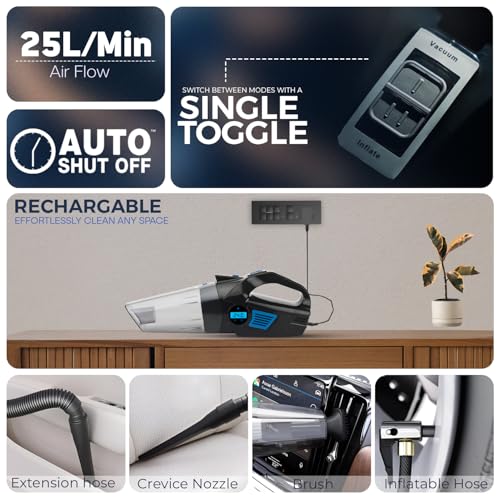 Image of WOSCHER AirVac Pro+ 3in1 USB Rechargeable Car Vacuum Cleaner Cordless,Tyre Inflator,150 PSI Digital Air Pump for Car Tyre|120 Watt Car Vacuum Cleaner High Power 6000PA |LED Light| Auto Shut Off