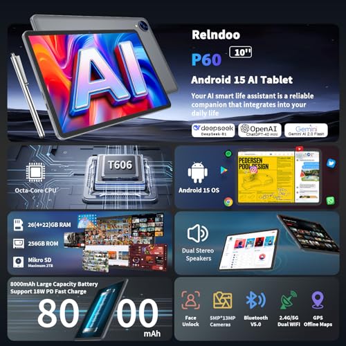 Image of Relndoo - 10.1 inch Android 15 tablet with keyboard, 24GB+256GB+2TB expandable, 2 in 1 tablets with keyboard case and stylus, Gemini AI, 8 cores, 8000mAh, 5G WiFi, GMS, GPS