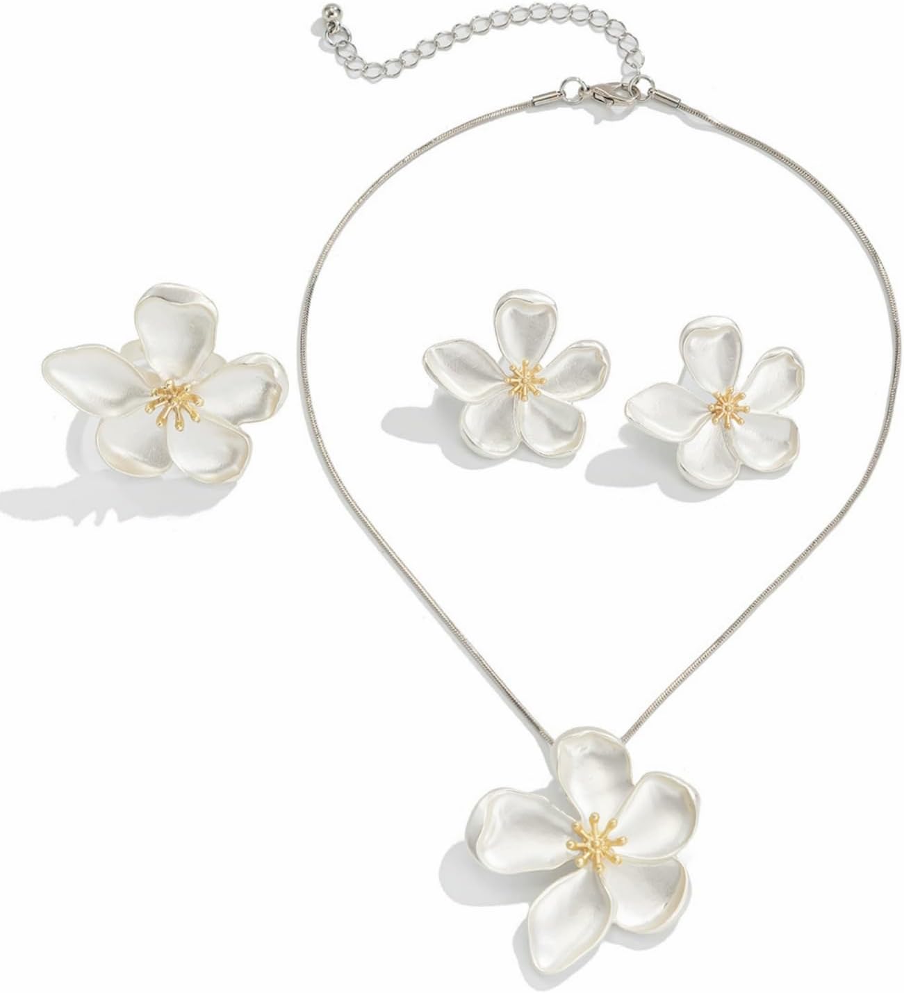 Gold Flower Jewelry Set for Women Dainty Chunky Big Flowers Floral Statement Choker Necklace Stud Earrings Finger Rings for Summer Wedding Bridal Prom Party Vacation Trendy Jewelry