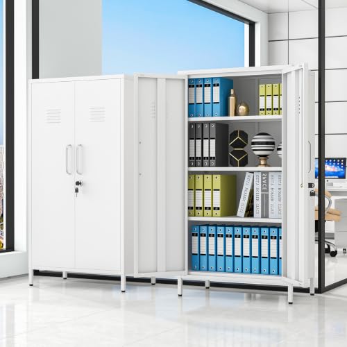 Image of pozdeg 47.24 inch White Lockable Small Metal Storage Locker | Employees Locker with 2 Doors & 2 Adjustable Shelves, Steel File Cabinet for Employees, Home, School, Office & Gym