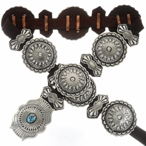 Navajo Turquoise Hand Hammered Silver Concho Belt Full Size Pattern on Genuine Leather 0245