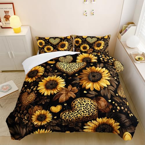 Image of Black Sunflowers Comforter Set Full for Girls Women Kids,Yellow Floral and Leopard Print Heart Pattern Bedding Set,3-Pieces Soft Microfiber Botanical Quilt Set for Bedroom Decor