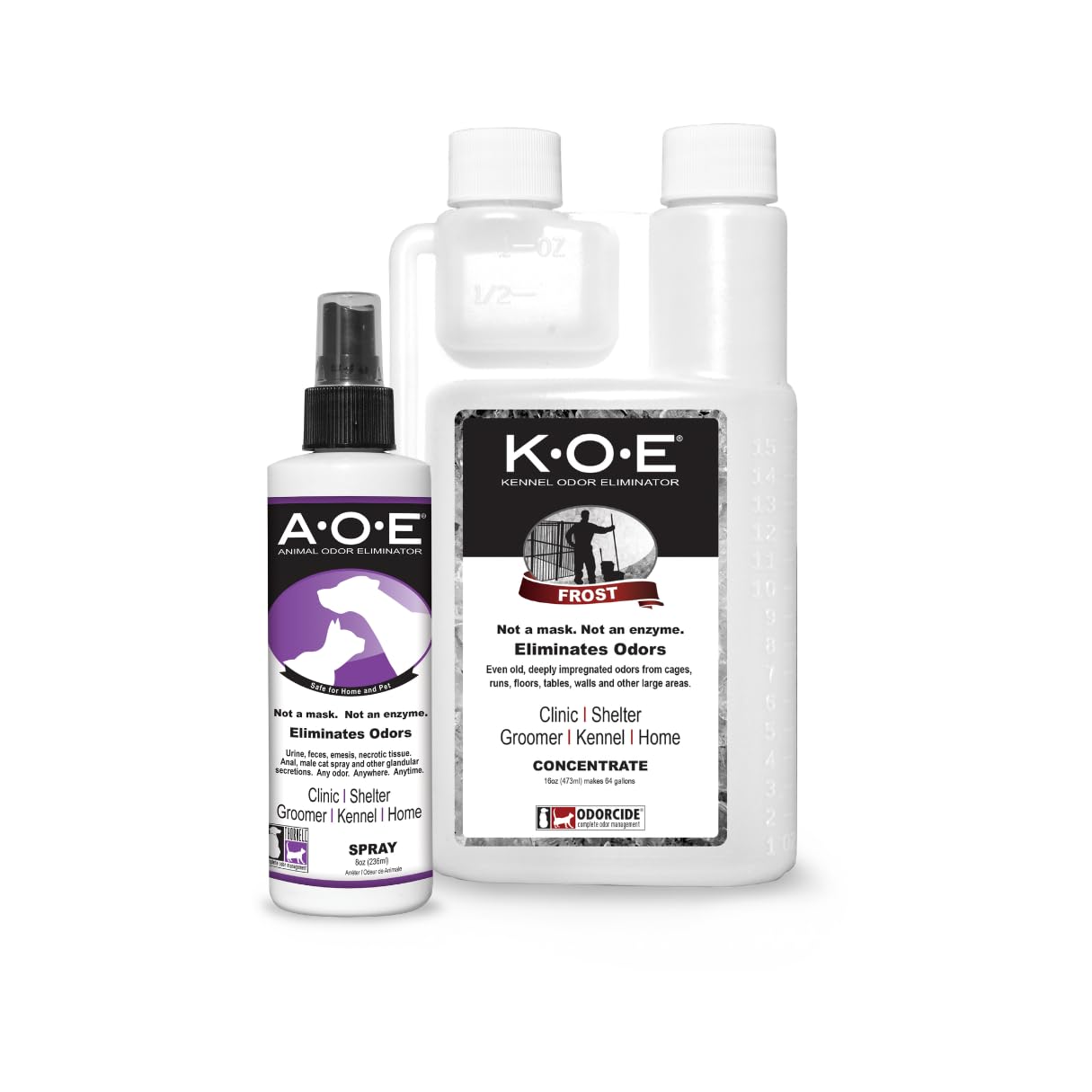 Odorcide K.O.E (Fragrance) &amp; A.O.E Spray Bundle -Pet Odor Eliminator for Strong Odors in Home &amp; Kennel and Between Baths Spray - Frost Scent