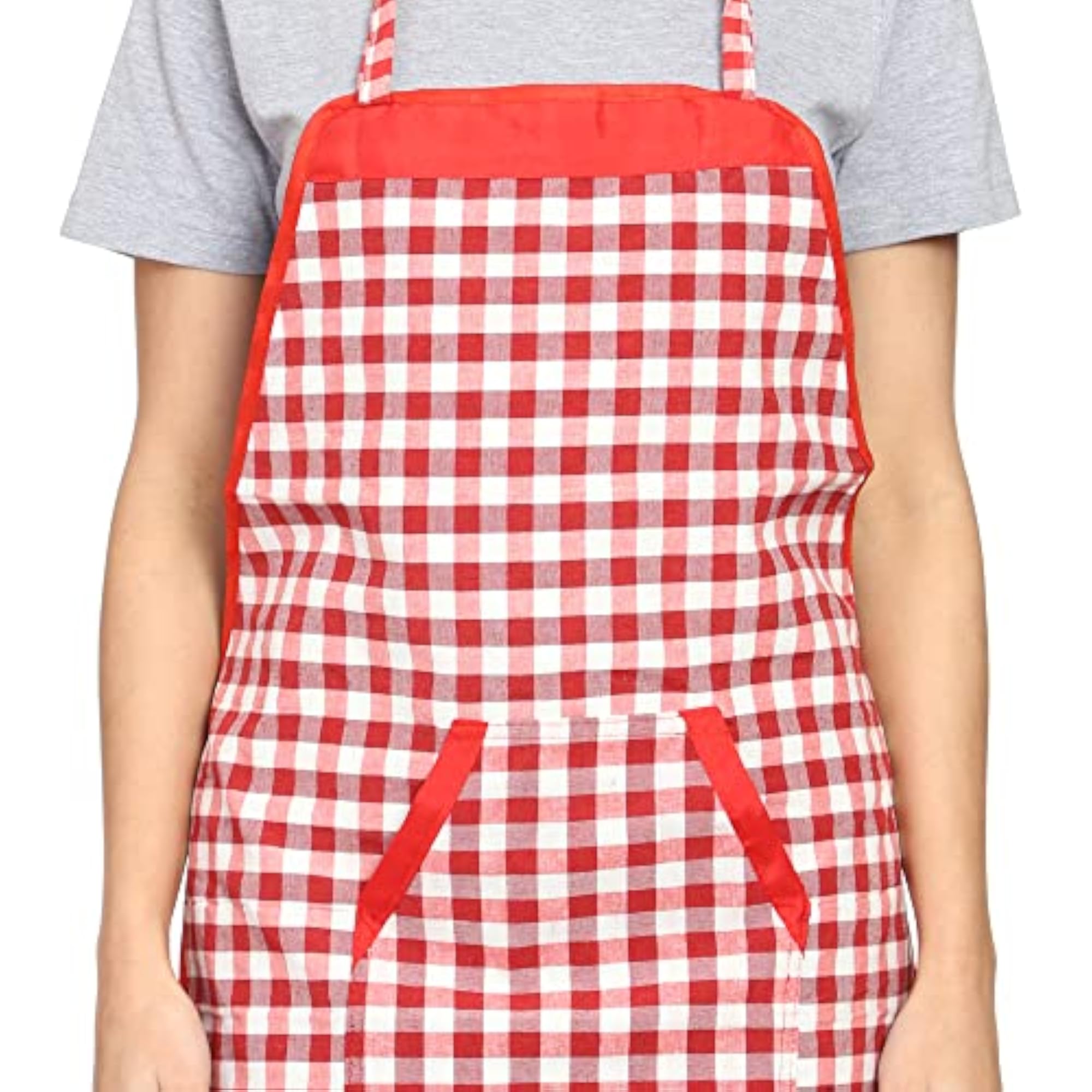 Check Cotton Fabric Cross Dual Pocket Aprons for Women