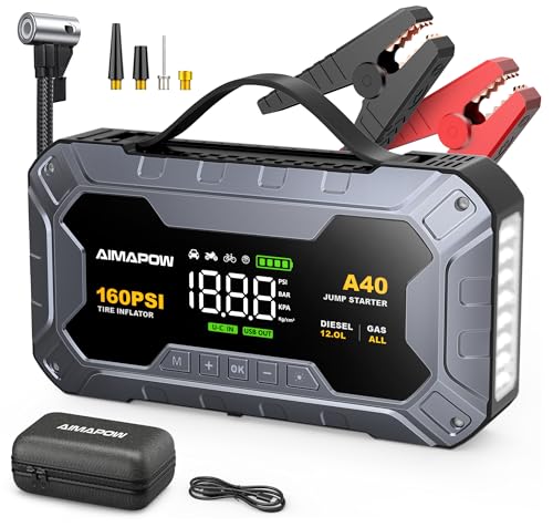 AIMAPOW Arrancador de Coches 8000A con Compresor, 160PSI Inflador de Neumáticos, Jump Starter 12V, Arrancador de Baterias de Coche(Todo Gasolina o 12L Diésel), Pantalla LCD, Luz de Emergencia