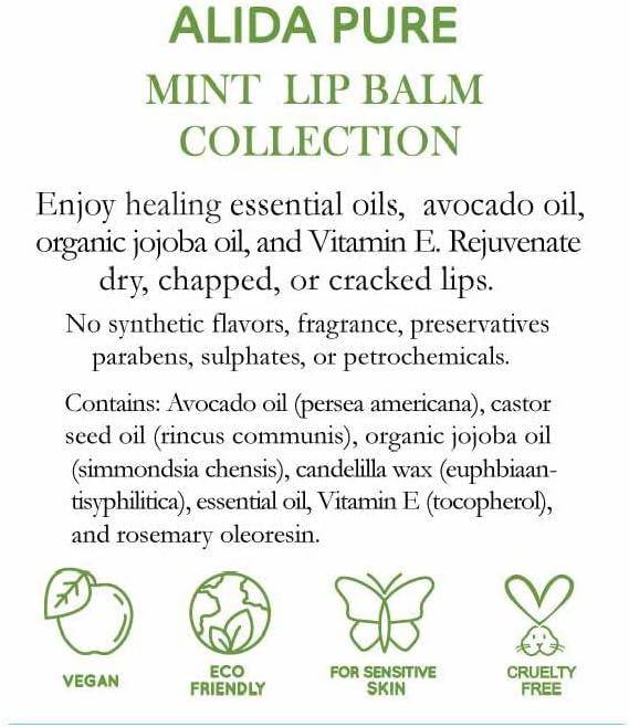 Mint Lip Balm Collection, Vegan Set, Beeswax Free, with Organic Jojoba and Avocado Oil, Vitamin E, Natural Moisturizer for Dry, Chapped Lips, 3 Tube Set